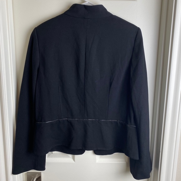 Eileen Fisher Size M Blazer Black Jacket Peplum Hem Leather Trim - Picture 6 of 9